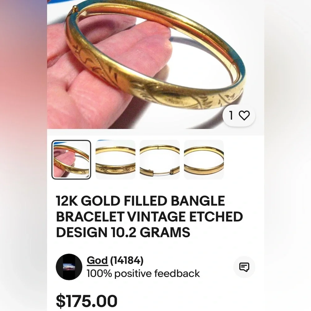 Sweet Vintage Victorian Rolled Hollow Gold Bangle Bracelet with Etched Design - Picture 8 of 13